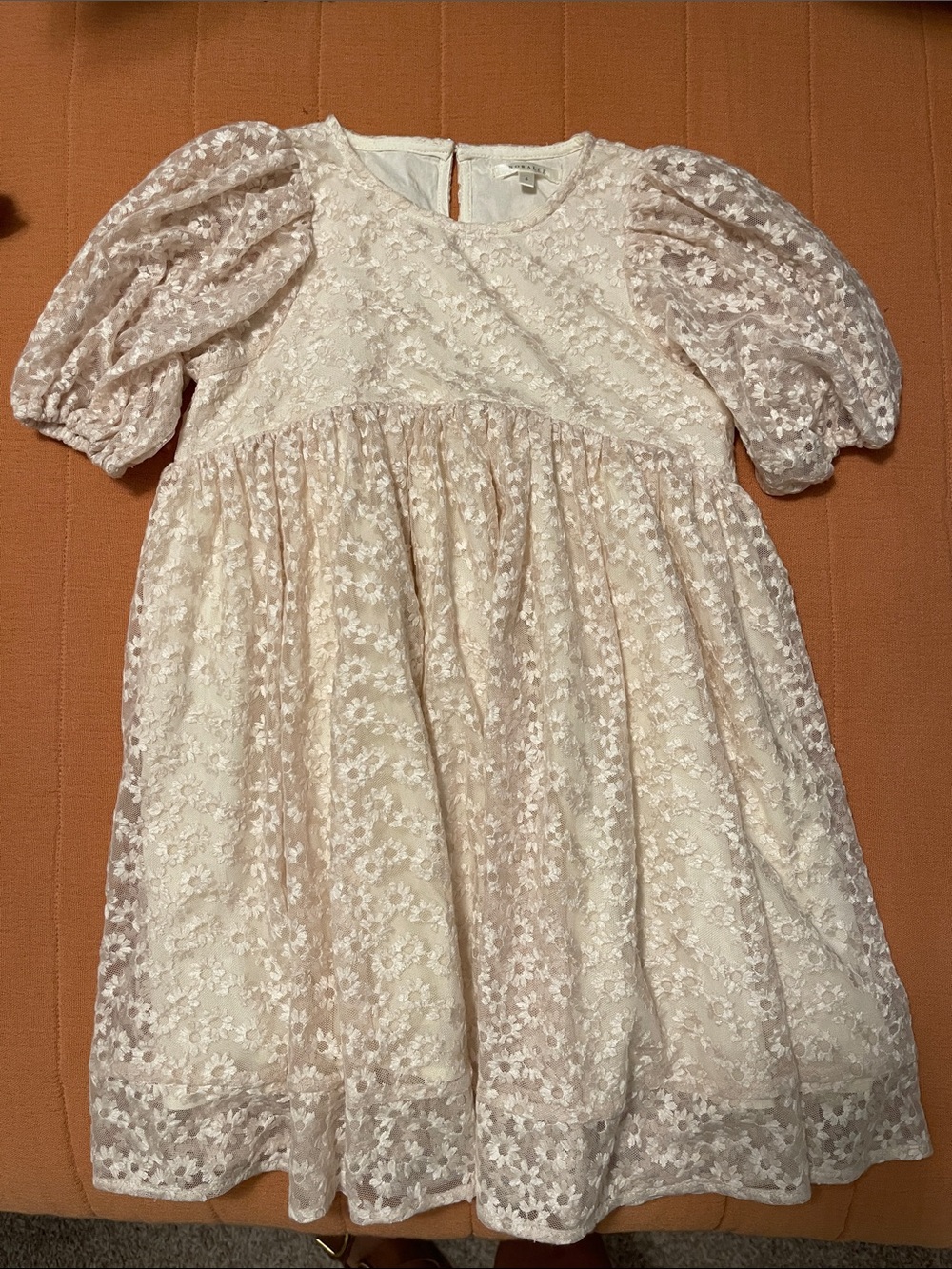 Girls' Floral Lace Puff Sleeve Dress - Cream